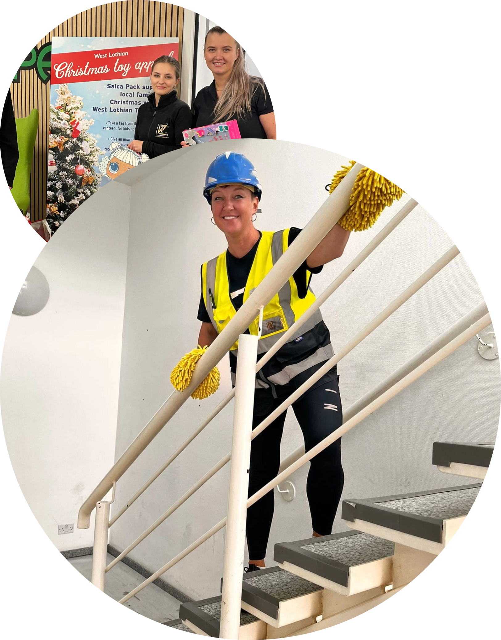 Two circle images, one large with a woman wearing a Hi-Viz vets and a blue helmet cleaning an staircase and a smaller circle image with two young women standing by a sign
